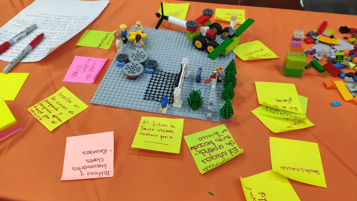 Modelos construidos con bloques y preguntas escritas durante un taller